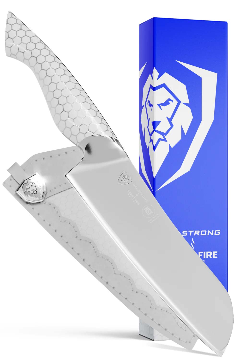 Dalstrong frost fire series 7 inch santoku knife with white handle in front of it's premium packaging.