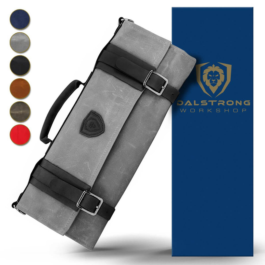Dalstrong 12 oz heavy-duty canvas and leather grey nomad knife roll in front of it's premium packaging.