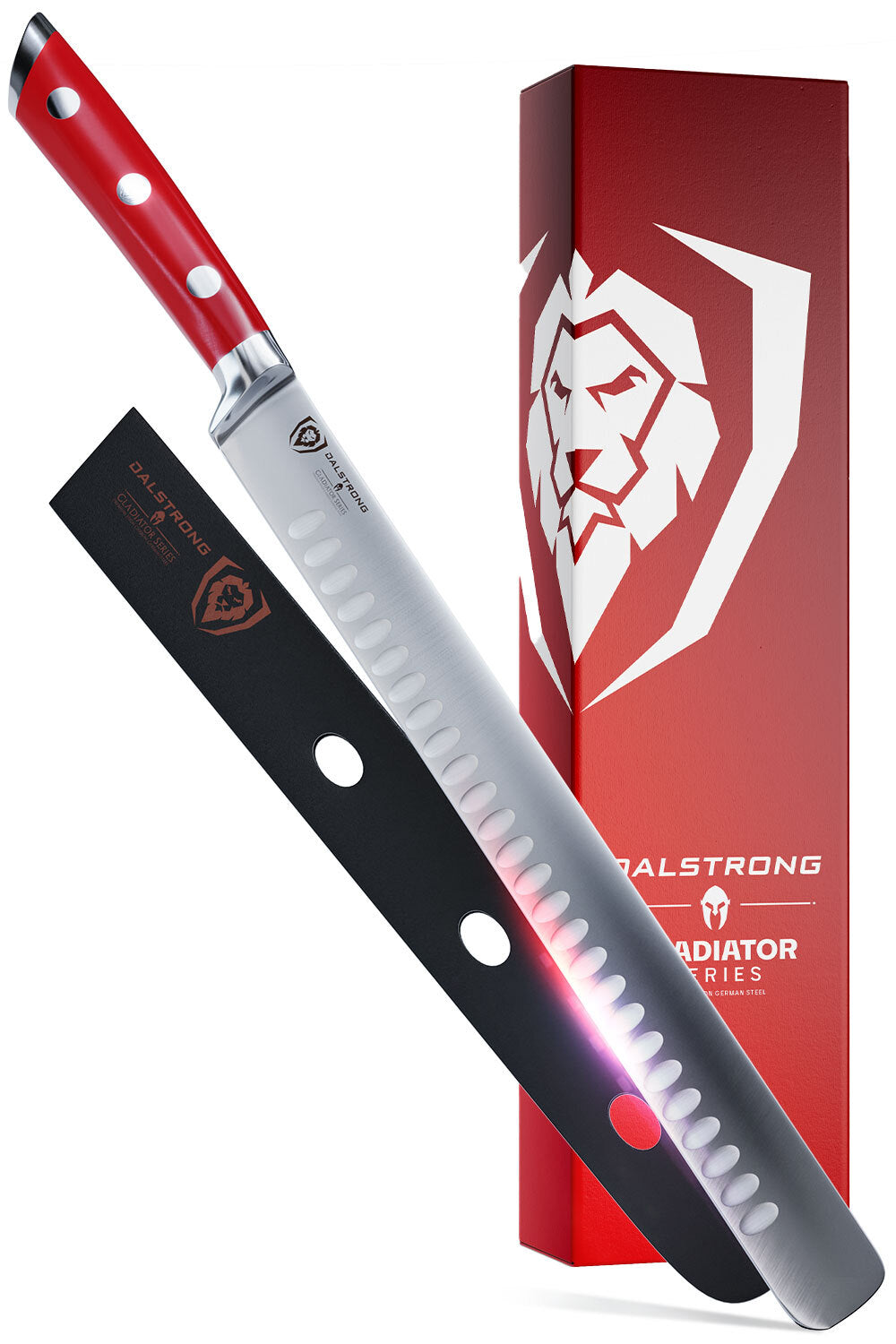 Dalstrong gladiator series 12 inch slicer knife with red handle in front of it's premium packaging.