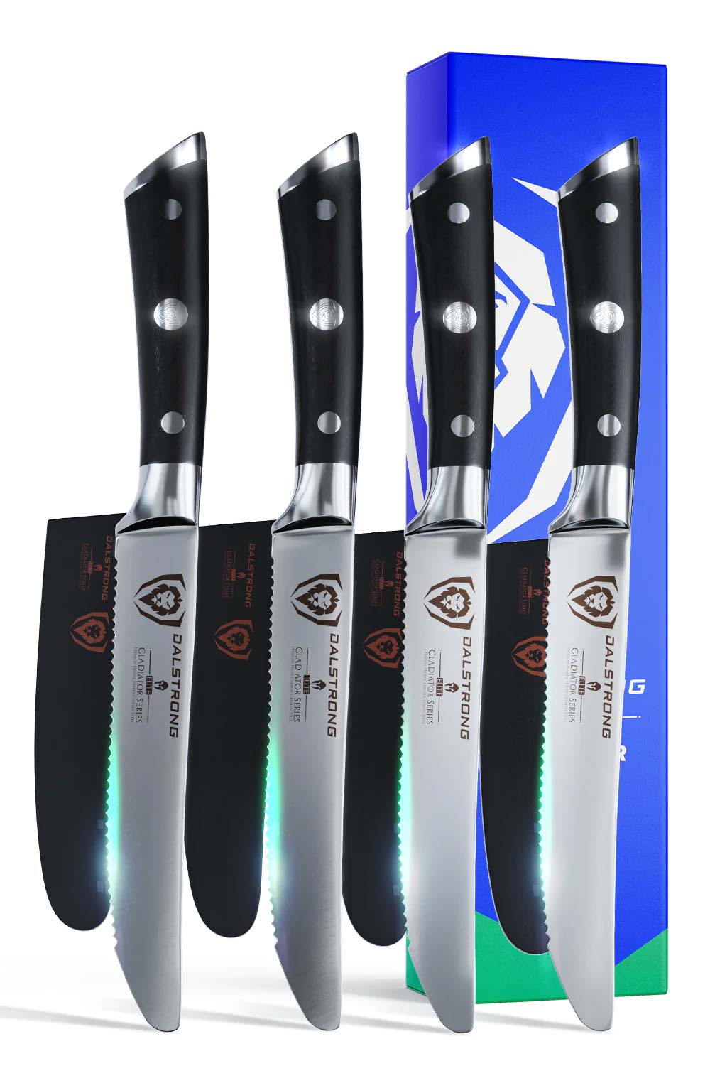 Dalstrong gladiator series 5 inch serrated steak knife with black handles in front of it's premium packaging.