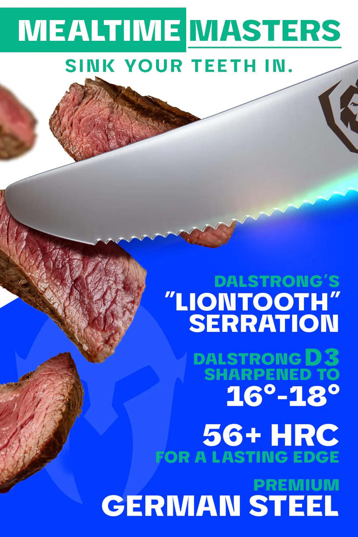 Dalstrong gladiator series 5 inch serrated steak knife featuring it's german steel blade and sharpness.