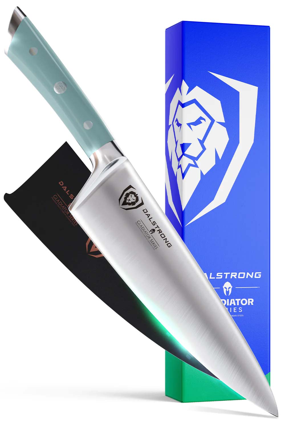 Dalstrong gladiator series 8 inch chef knife with aegean teal handle in front of it's premium packaging.