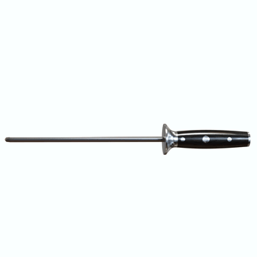 Dalstrong gladiator series 10 inch honing rod with black handle in all angles.