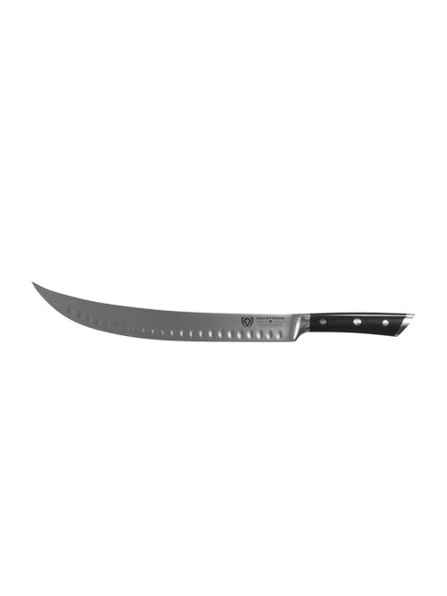 Dalstrong gladiator series 12 inch butcher knife with black handle in all angles.