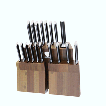 Dalstrong gladiator series 18 piece knife set with black handles and block in all angles.