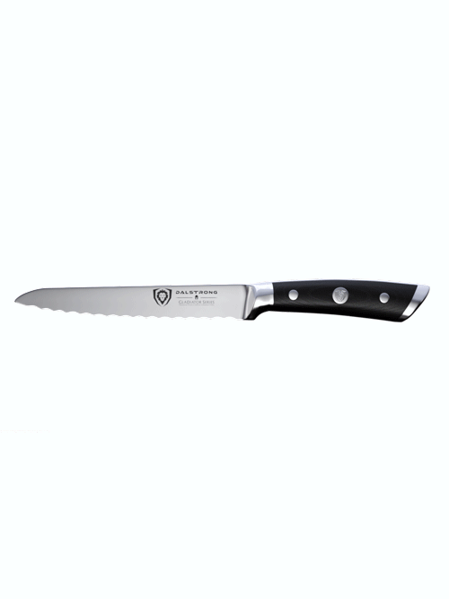 Dalstrong gladiator series 5.5 inch serrated utility knife with black handle in all angles.