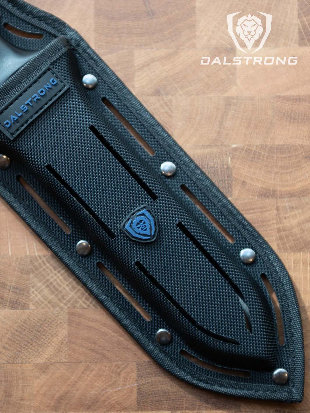 Dalstrong gladiator series 6.5 inch hori hori knife with black handle showcasing its blade sheath.