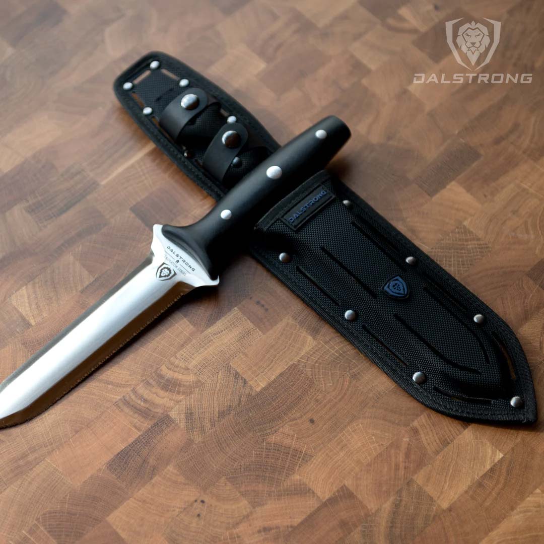 Dalstrong gladiator series 6.5 inch hori hori knife with black handle and sheath on a cutting board.