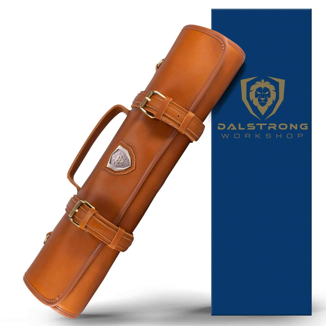 Dalstrong california brown full grain leather vagabond knife roll in front of it's premium packaging.