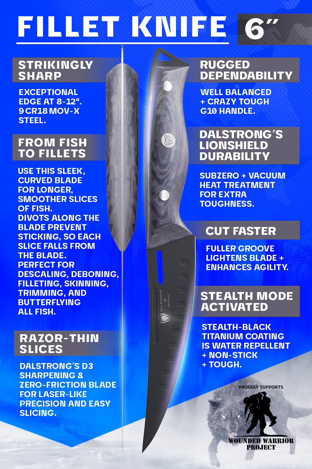 Dalstrong delta wolf series 6 inch curved fillet knife specification.