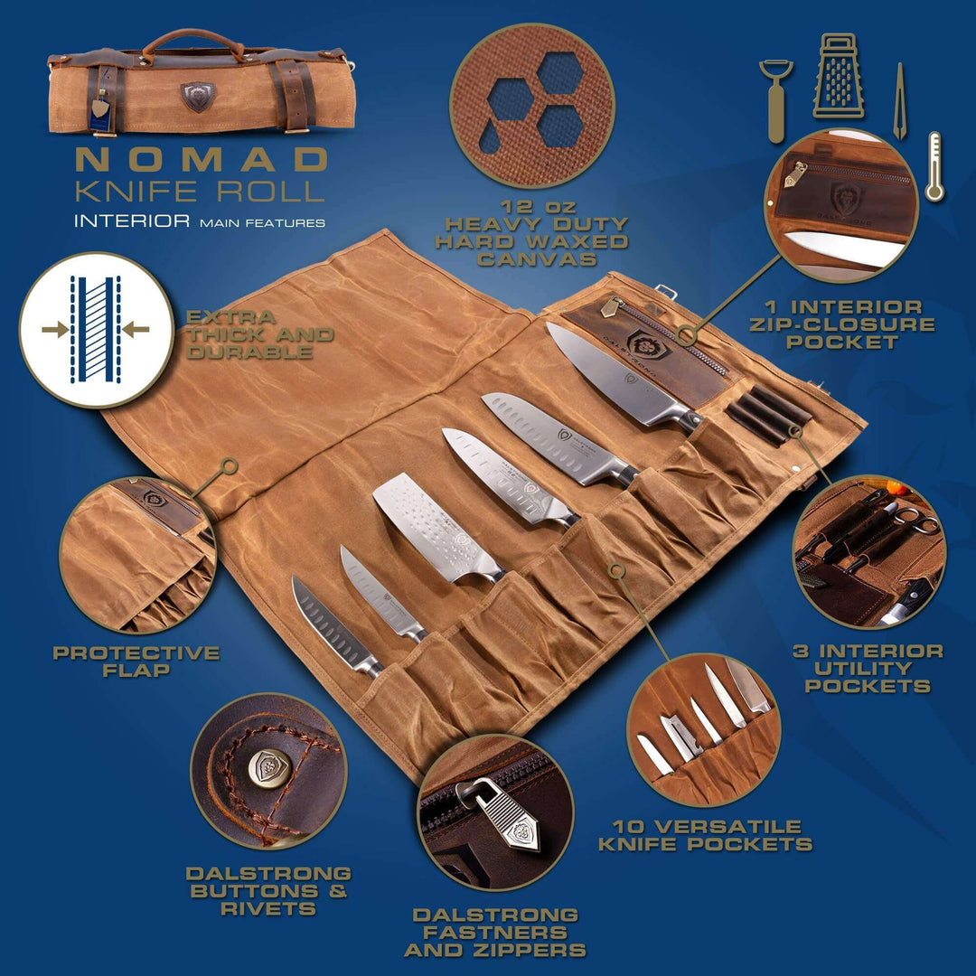 Dalstrong 12 oz heavy-duty canvas and leather nomad knife roll featuring it's interior main design.