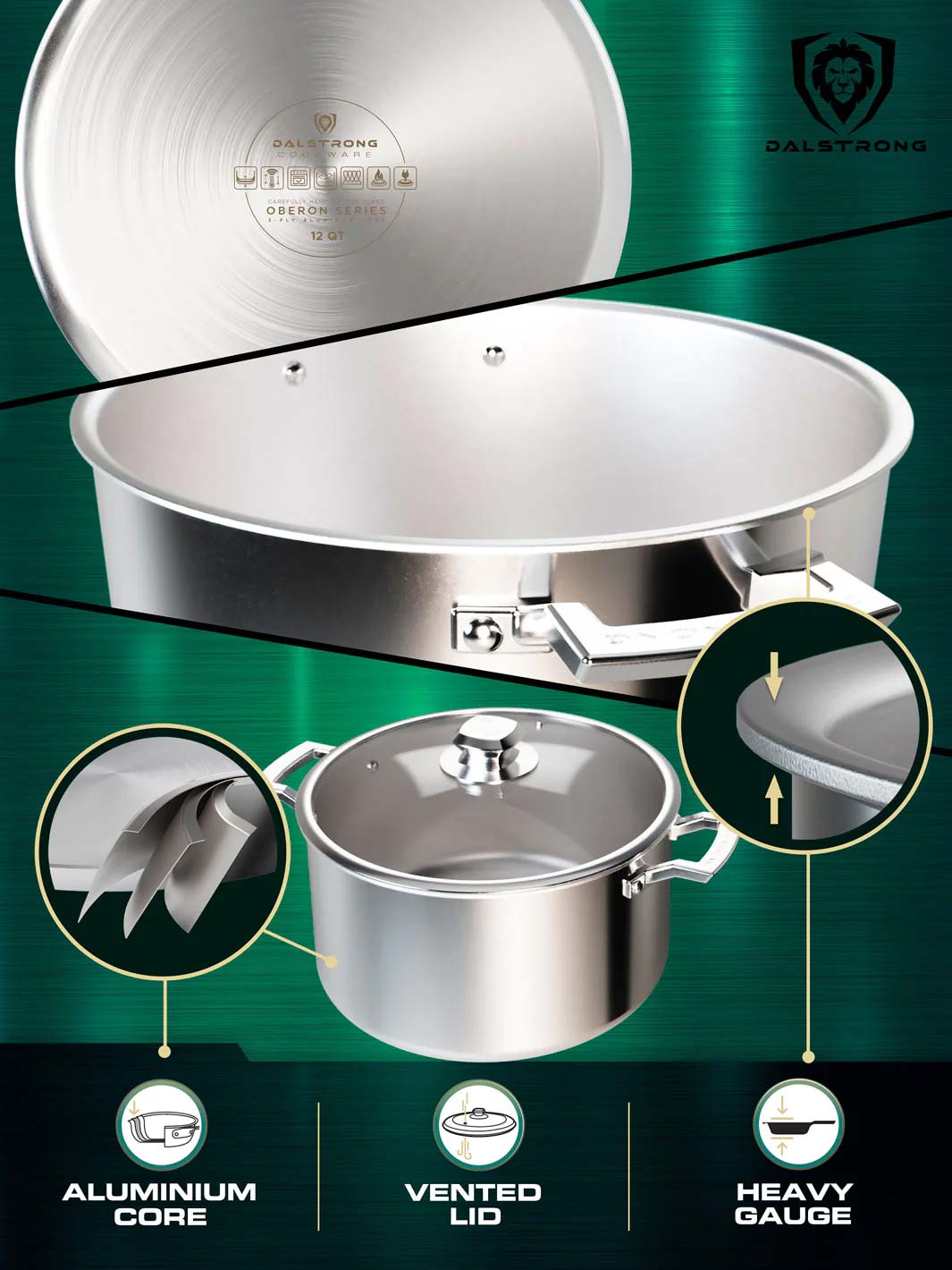 Dalstrong oberon series 12 quart stock pot silver showcasing it's aluminum core and vented lid.