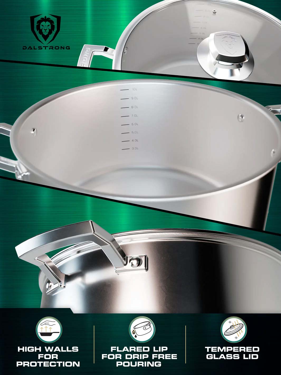 Dalstrong oberon series 12 quart stock pot silver featuring it's high walls and tempered glass lid.