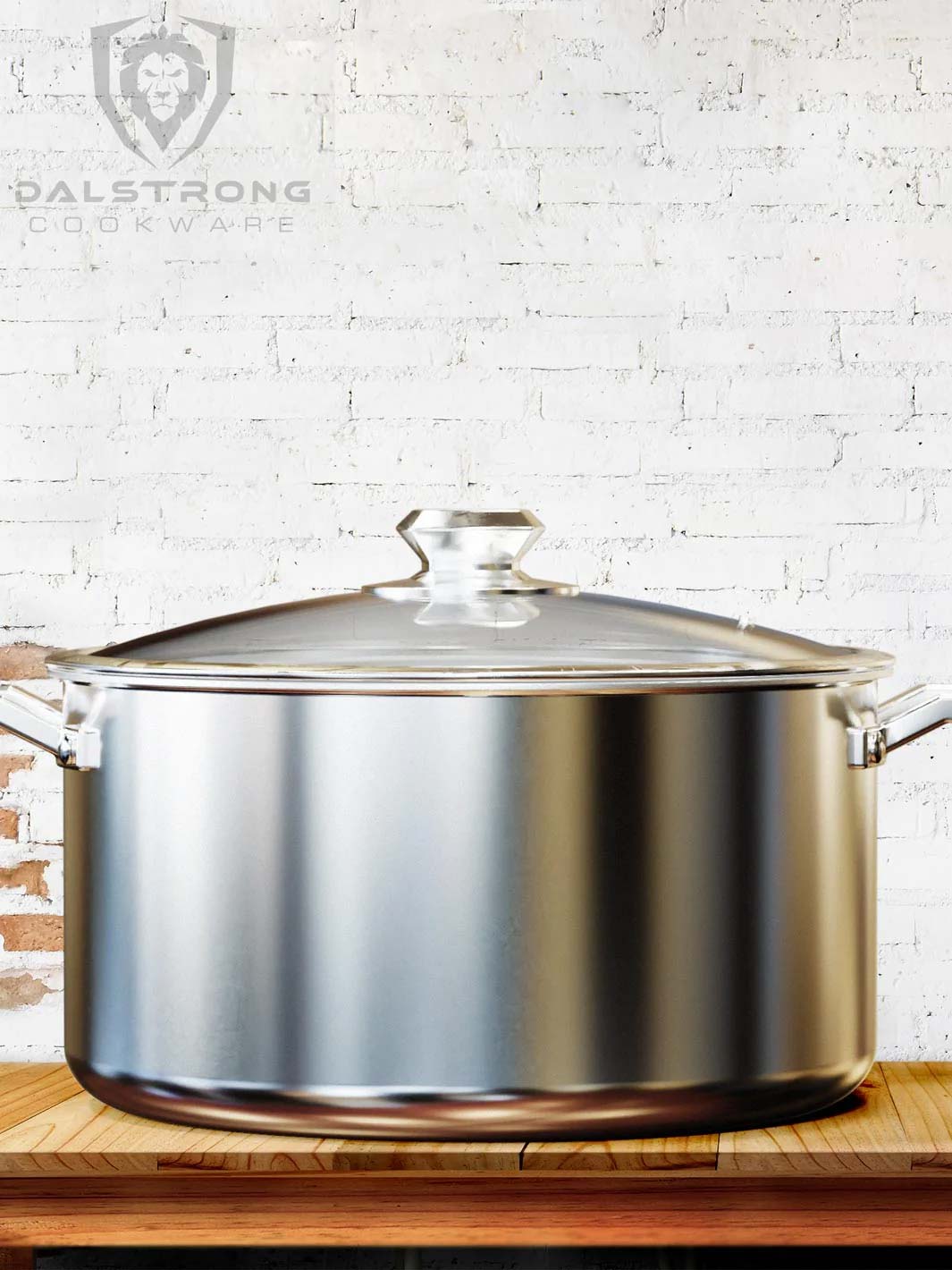 Dalstrong oberon series 12 quart stock pot silver on a wooden table.