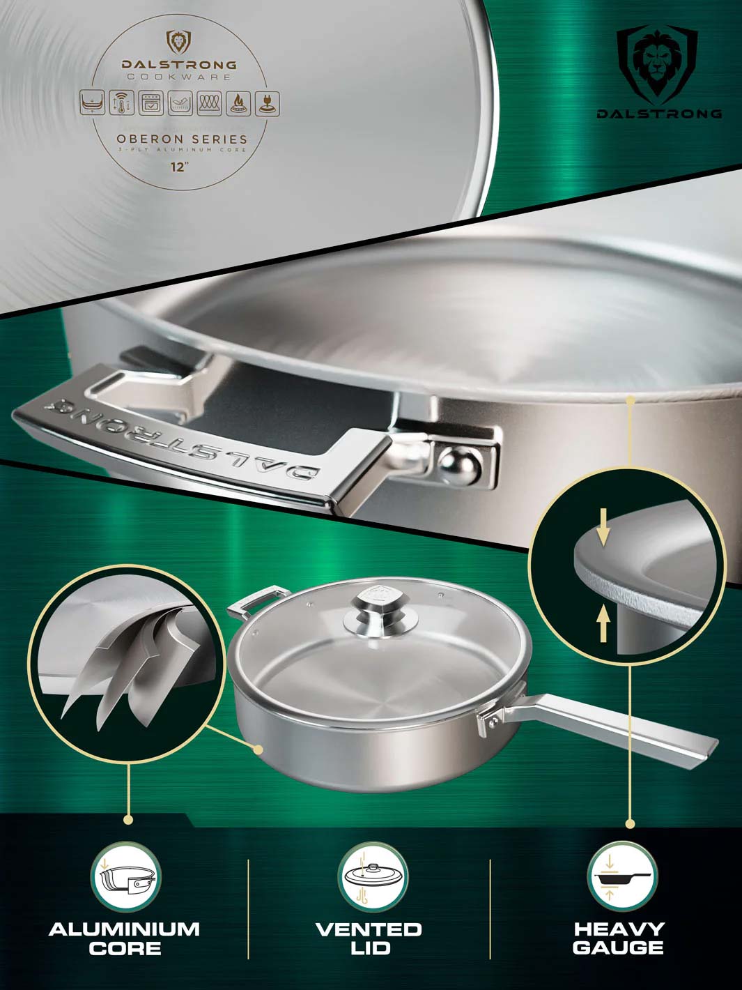 Dalstrong oberon series 12 inch silver saute frying pan featuring it's aluminum core and vented lid.