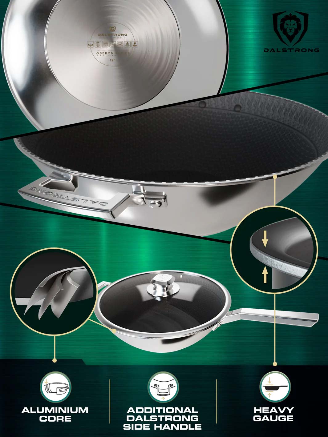 Dalstrong oberon series eterna non-stick 12 inch frying pan wok featuring it's aluminum core and handle.