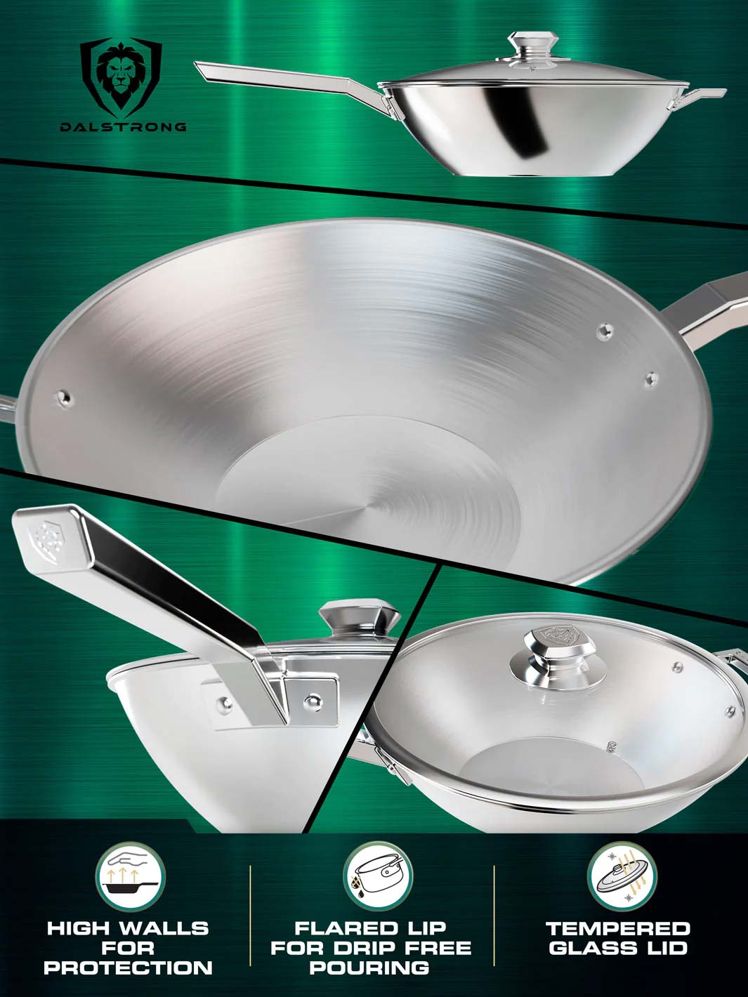 Dalstrong oberon series 12 inch frying pan wok silver showcasing it's high walls and tempered glass lid.