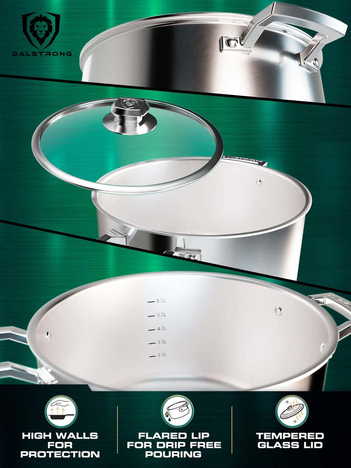 Dalstrong oberon series 6 piece cookware set showcasing it's high walls and tempered glass lid.