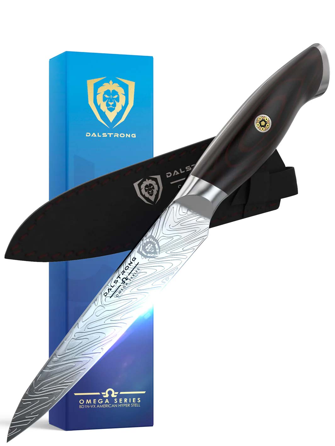 Dalstrong omega series 5.5 inch utility knife in front of it's premium packaging.