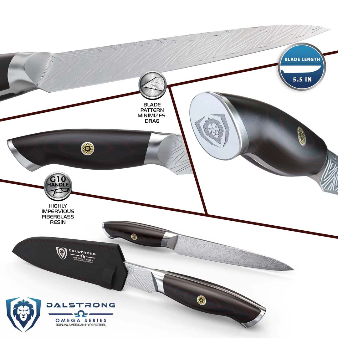 Dalstrong omega series 5.5 inch utility knife featuring it's blade and sheath.