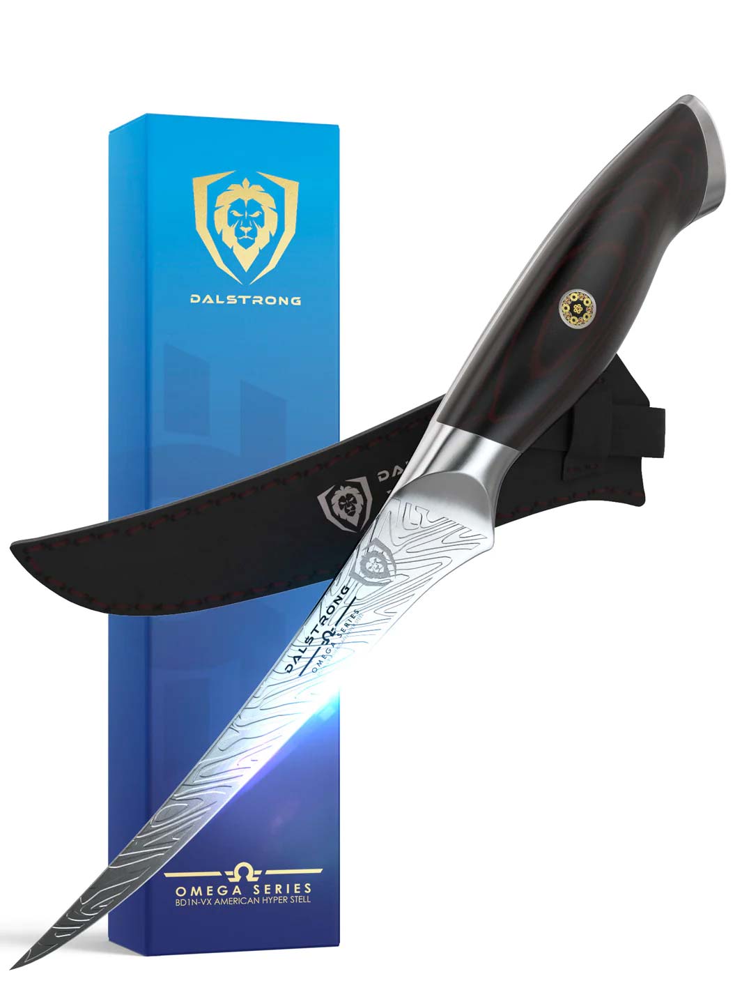 Dalstrong omega series curved boning knife in front of it's premium packaging.