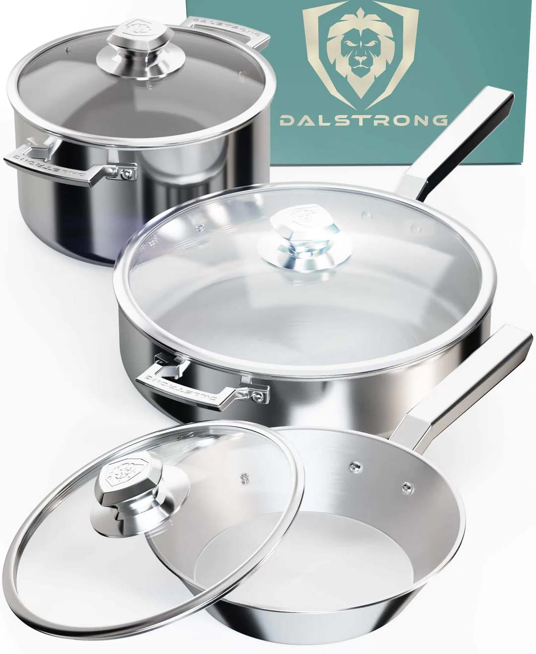Dalstrong oberon series 6 piece cookware set in front of it's premium packaging.