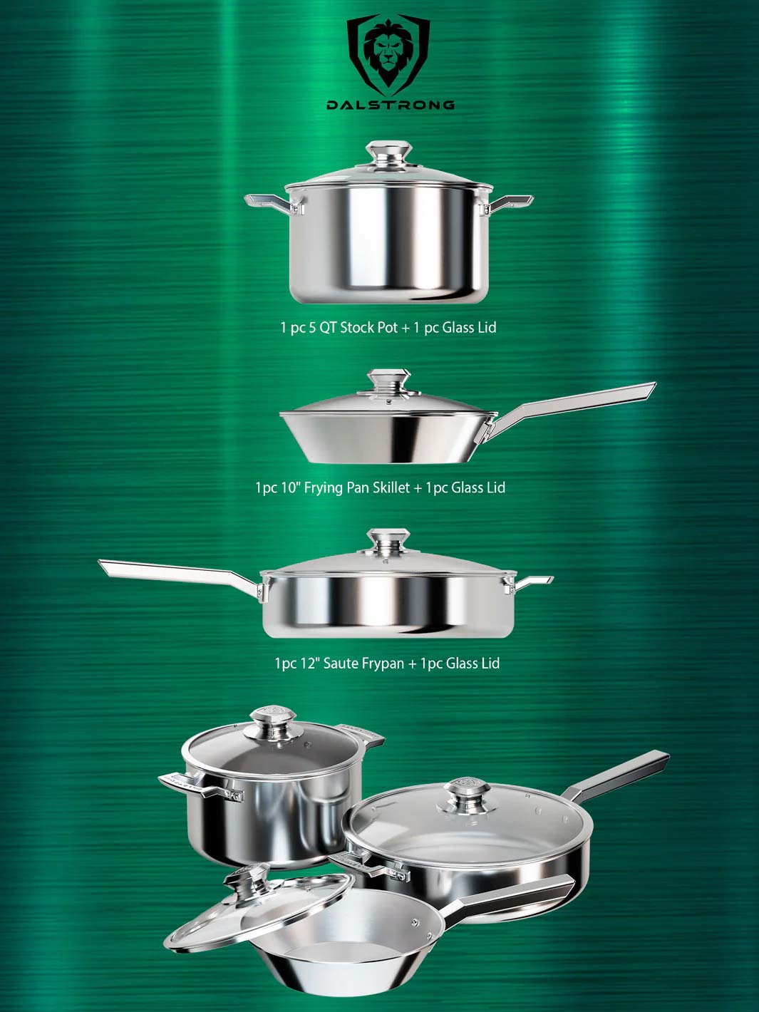 Dalstrong oberon series 6 piece cookware set featuring it's complete set of cookwares.