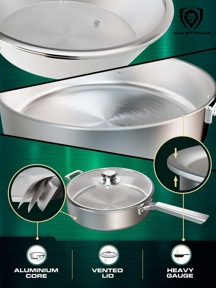 Dalstrong oberon series 6 piece cookware set featuring it's aluminum core and vented lid.