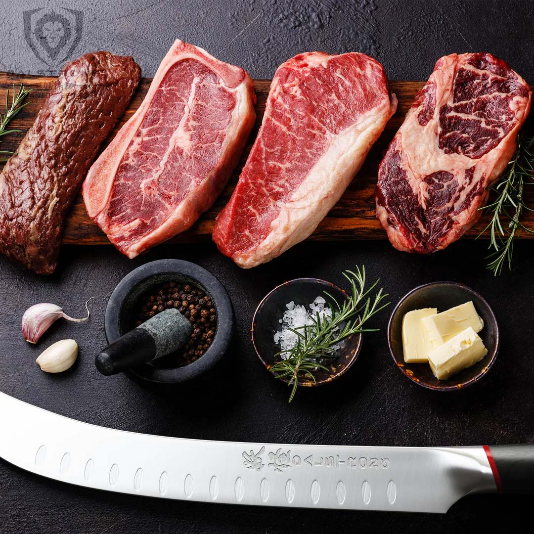 Dalstrong phantom series 10 inch butcher knife with pakka wood handle and four cuts of steak on a wooden board.