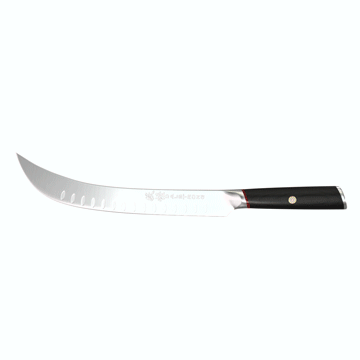 Dalstrong phantom series 10 inch butcher knife with pakka wood handle in all angles.