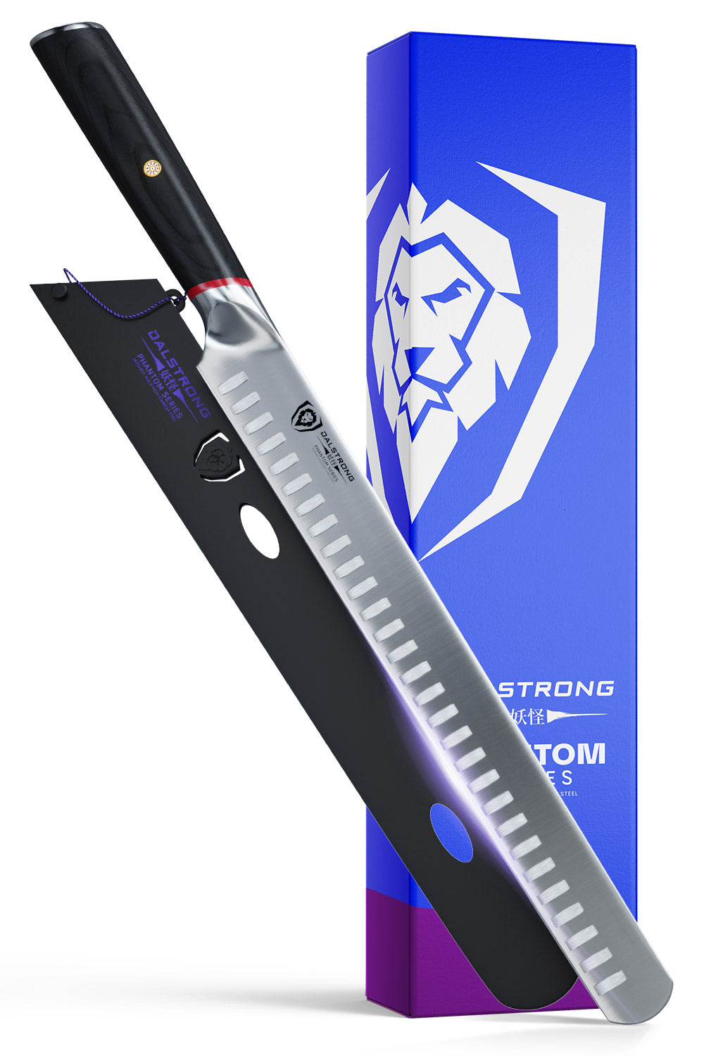 Dalstrong phantom series 12 inch slicer knife with pakka wood handle in front of it's premium packaging.
