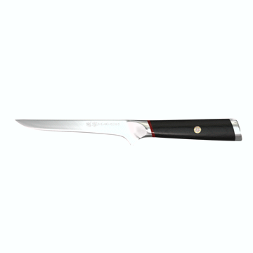 Dalstrong phantom series 6 inch boning knife with pakka wood handle in all angles.