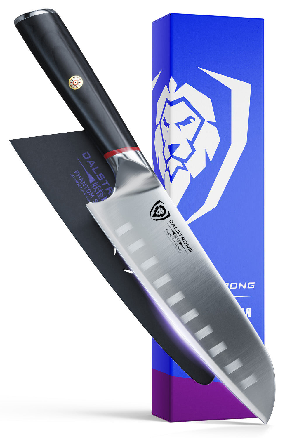 Dalstrong phantom series 7 inch santoku knife with pakka wood handle in front of it's premium packaging.