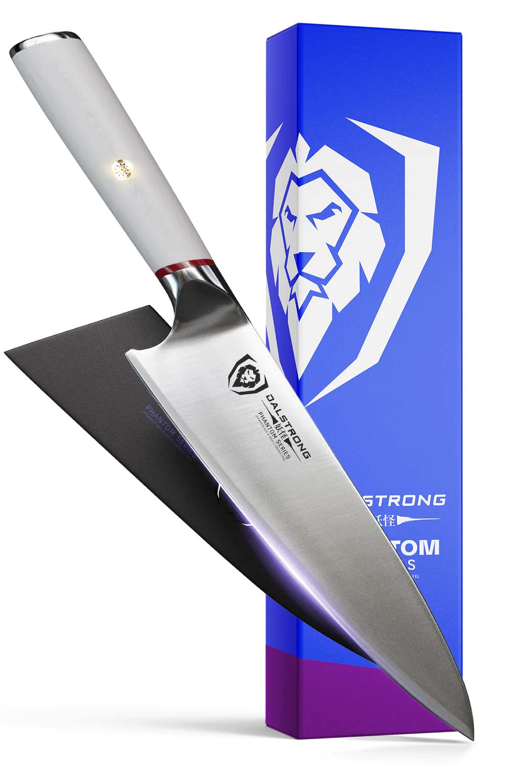 Dalstrong phantom series 8 inch chef knife with white handle in front of it's premium packaging.