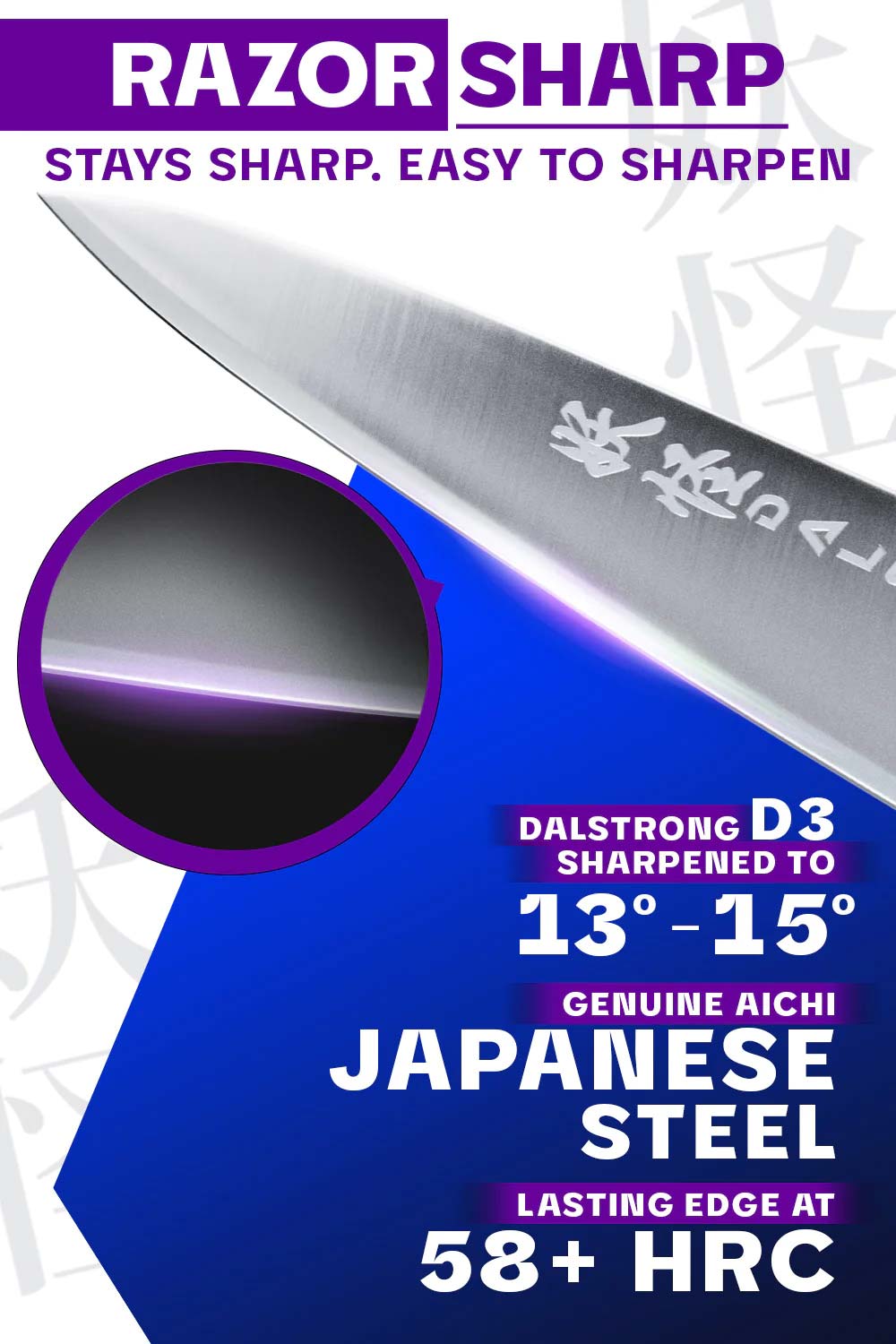 Dalstrong phantom series 8 inch chef knife with white handle featuring it's razor sharp japanese steel blade.