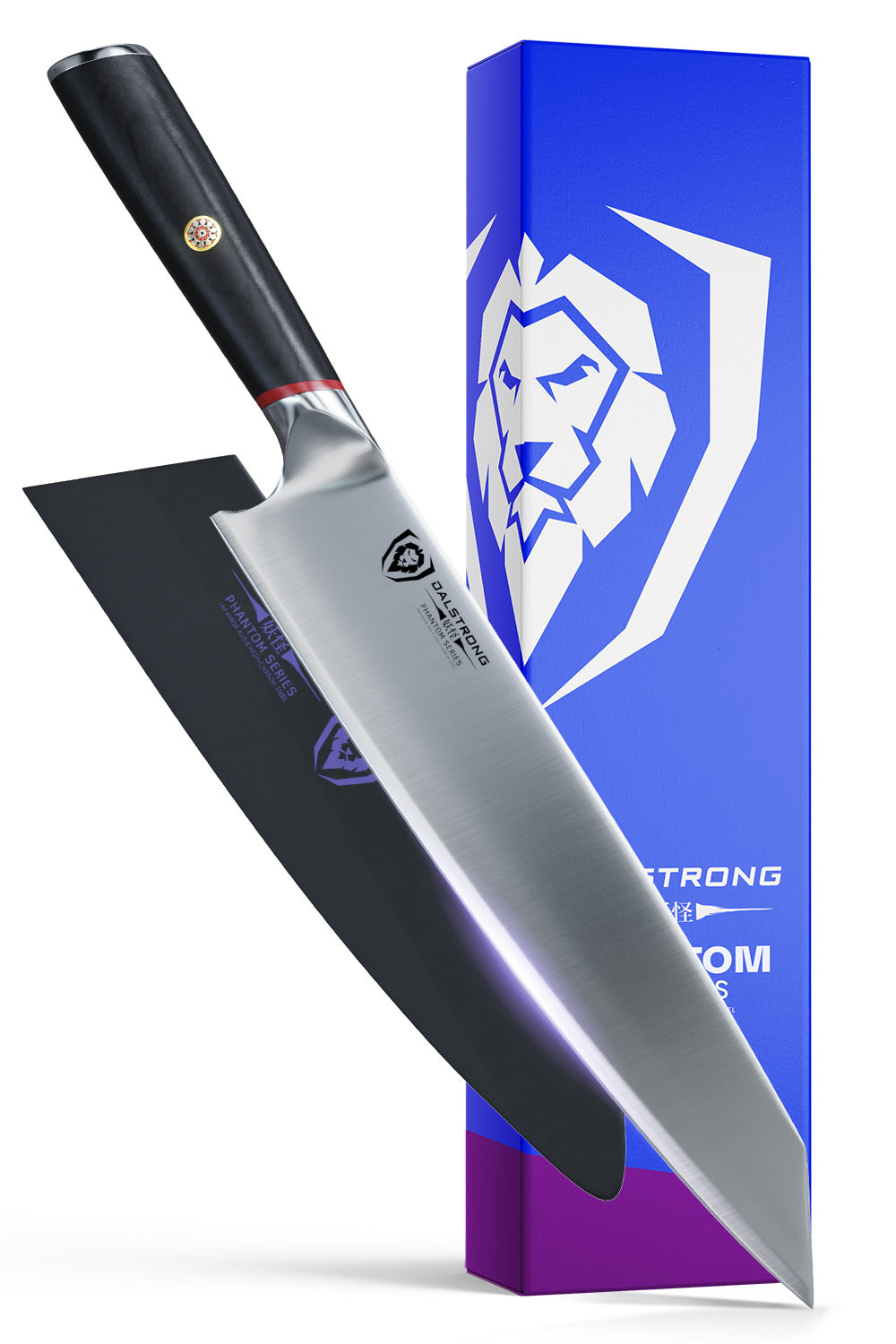 Dalstrong phantom series 9.5 inch chef knife in front of it's premium packaging.