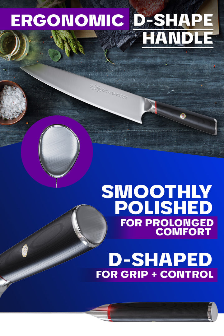 Dalstrong phantom series 9.5 inch chef knife featuring its comfortable and ergonomic handle.