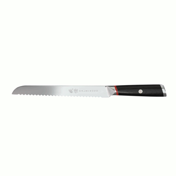 Dalstrong phantom series 9 inch serrated bread knife with pakka wood handle in all angles.