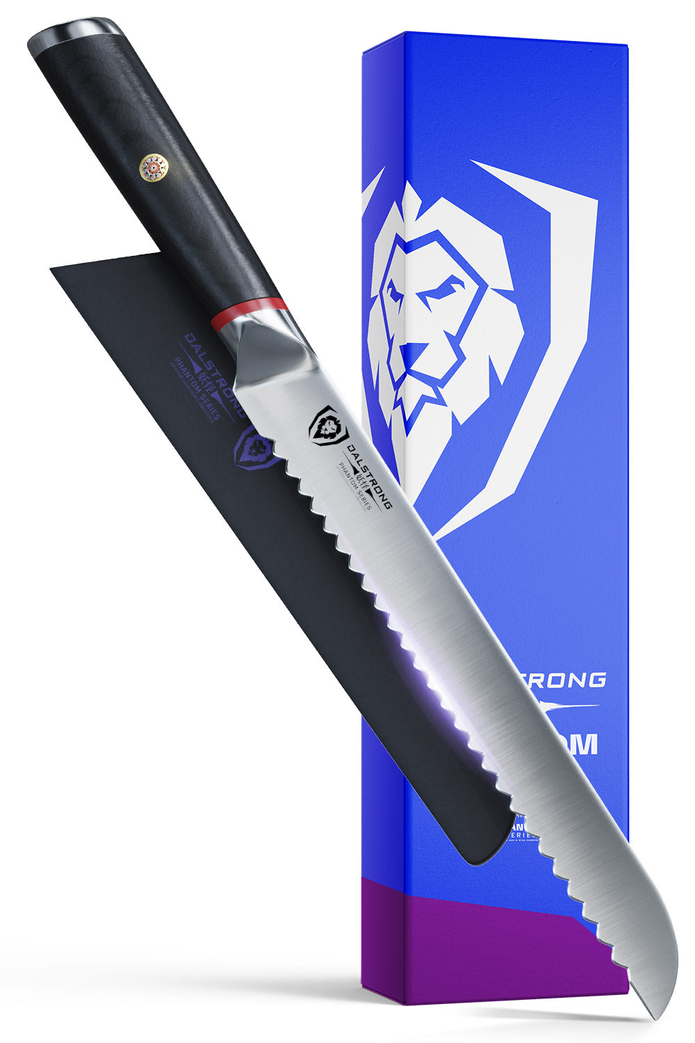 Dalstrong phantom series 9 inch serrated bread knife with pakka wood handle in front of it's premium packaging.