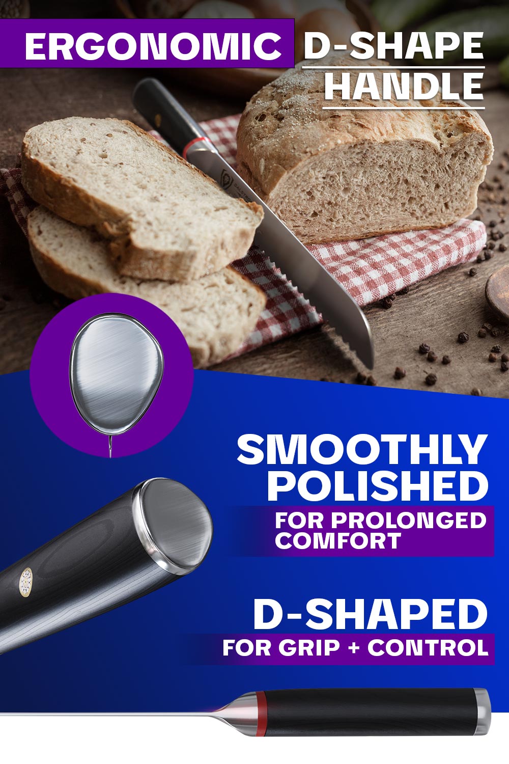 Dalstrong phantom series 9 inch serrated bread knife featuring it's ergonomic pakka wood handle.