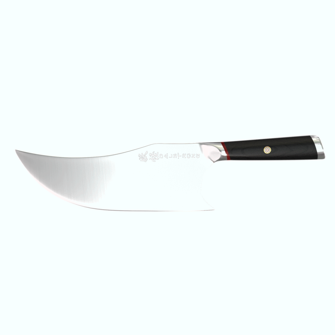 Dalstrong phantom series 9 inch cleaver knife with pakka wood handle in all angles.