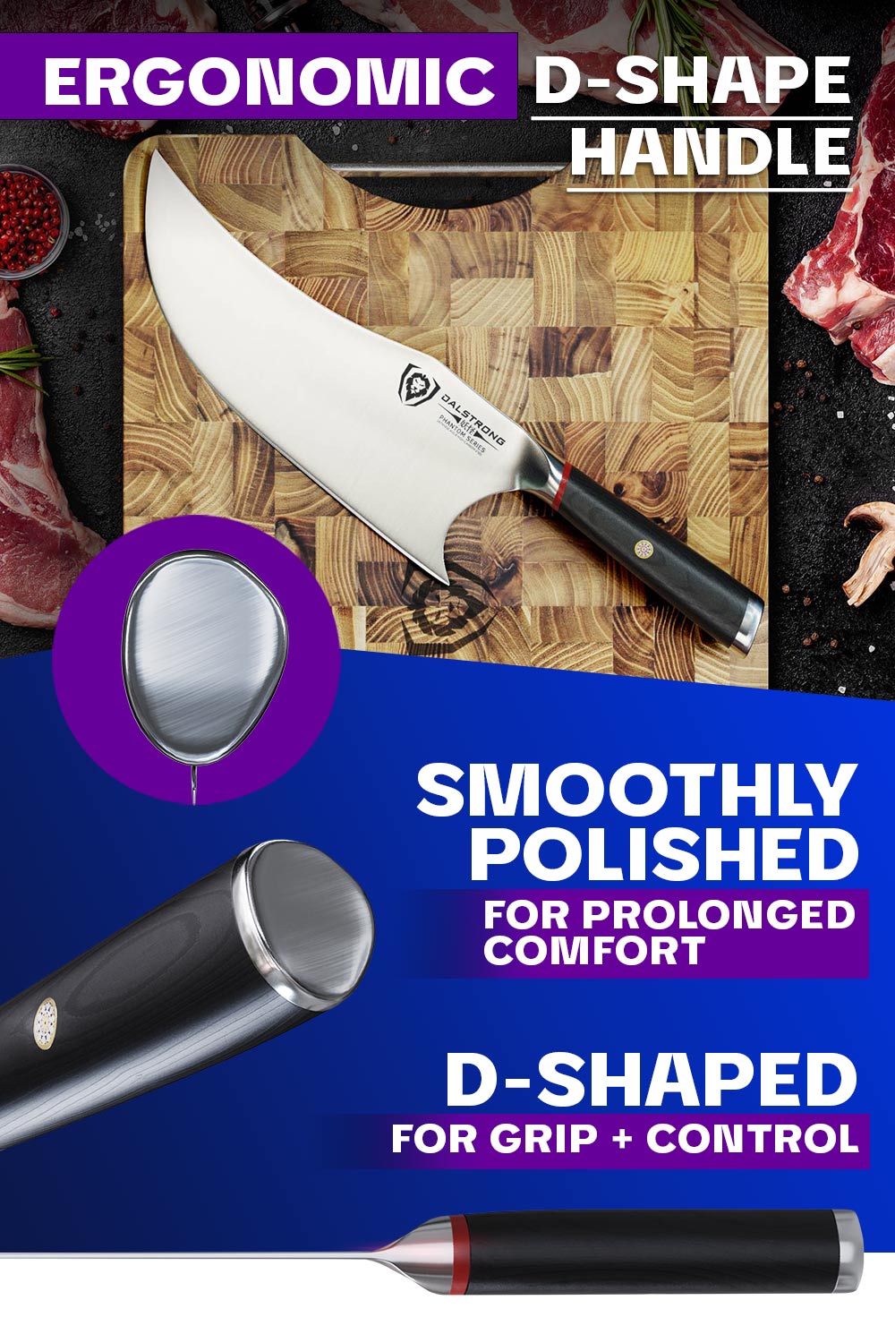 Dalstrong phantom series 9 inch cleaver knife featuring it's ergonomic d-shape pakka wood handle.