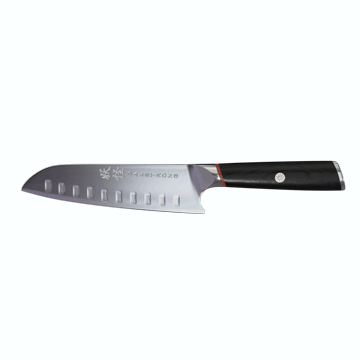Dalstrong phantom series 7 inch santoku knife with pakka wood handle in all angles.