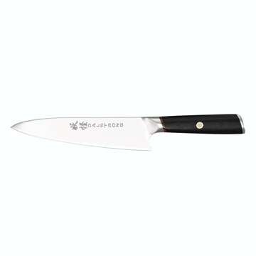 Dalstrong phantom series 8 inch chef knife with pakka wood handle in all angles.