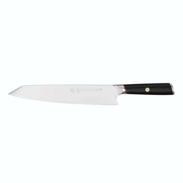 Dalstrong phantom series 9.5 inch chef knife with pakka wood handle in all angles.