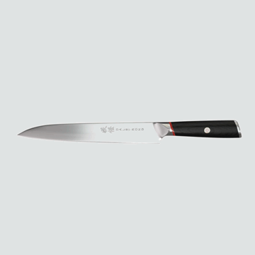 Dalstrong phantom series 9.5 inch yanagiba knife with pakka wood handle in all angles.