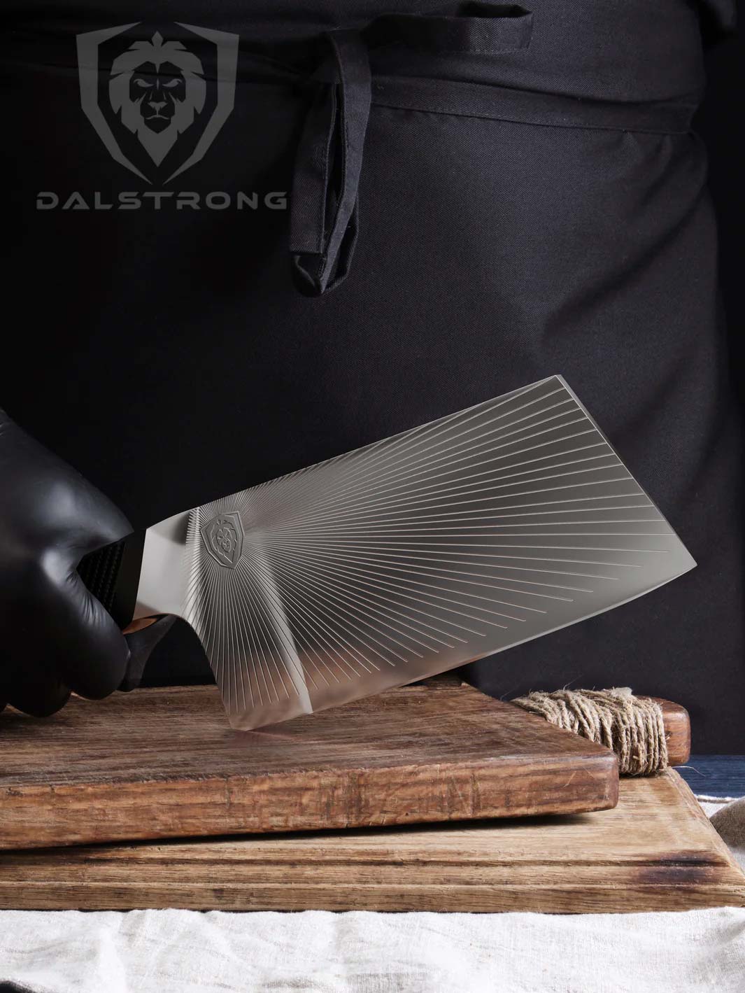Dalstrong quantum 1 series 7 inch cleaver knife with dragon skin handle on top of a wooden cutting board.
