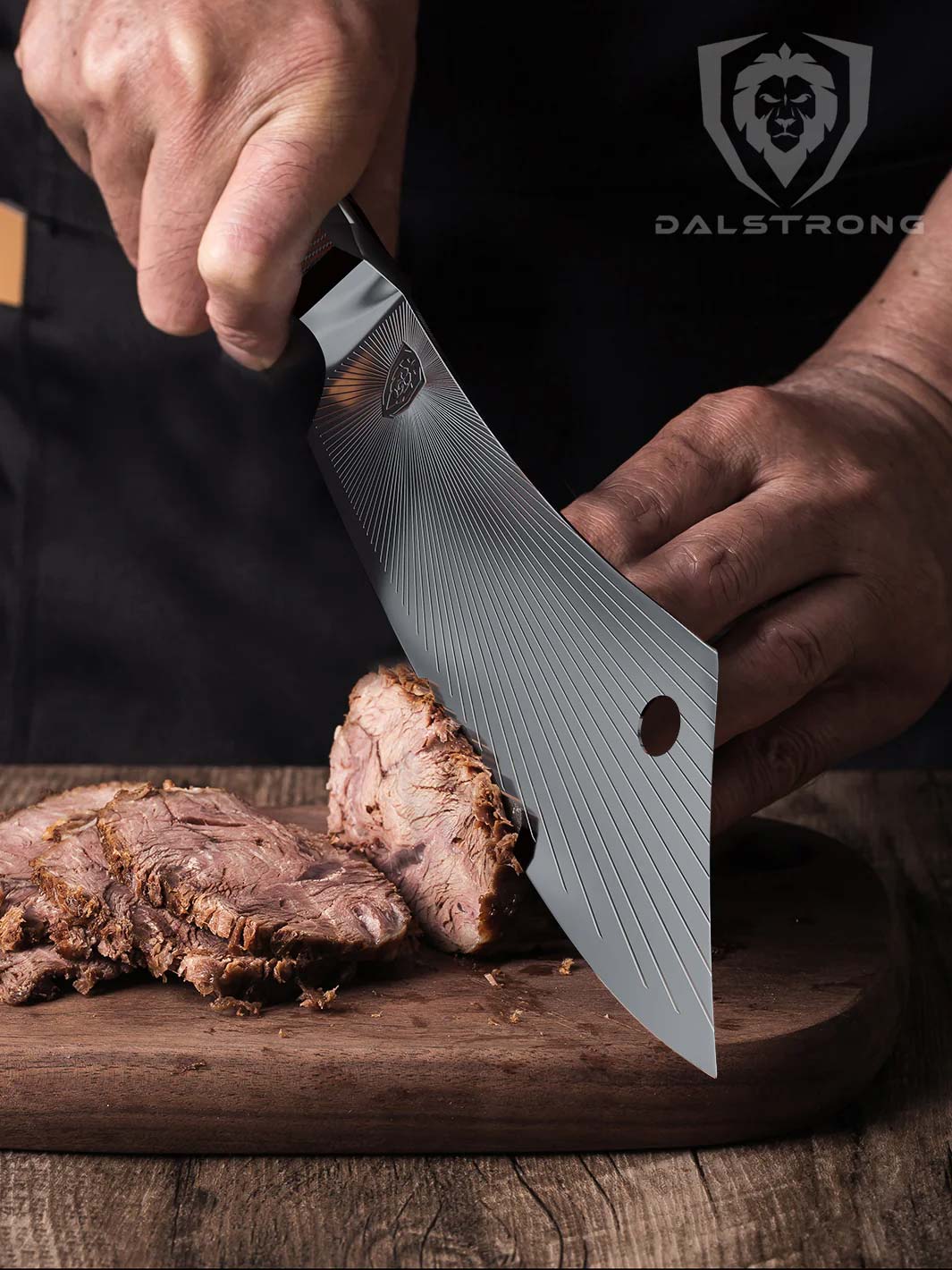 Dalstrong quantum 1 series 8 inch crixus cleaver knife with dragon skin handle and slices of meat on a cutting board.