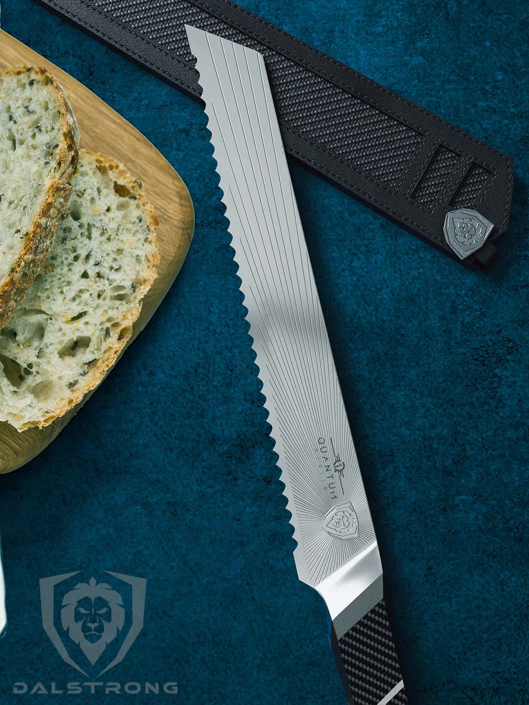 Dalstrong quantum 1 series 9 inch bread knife with slices of bread on a cutting board.