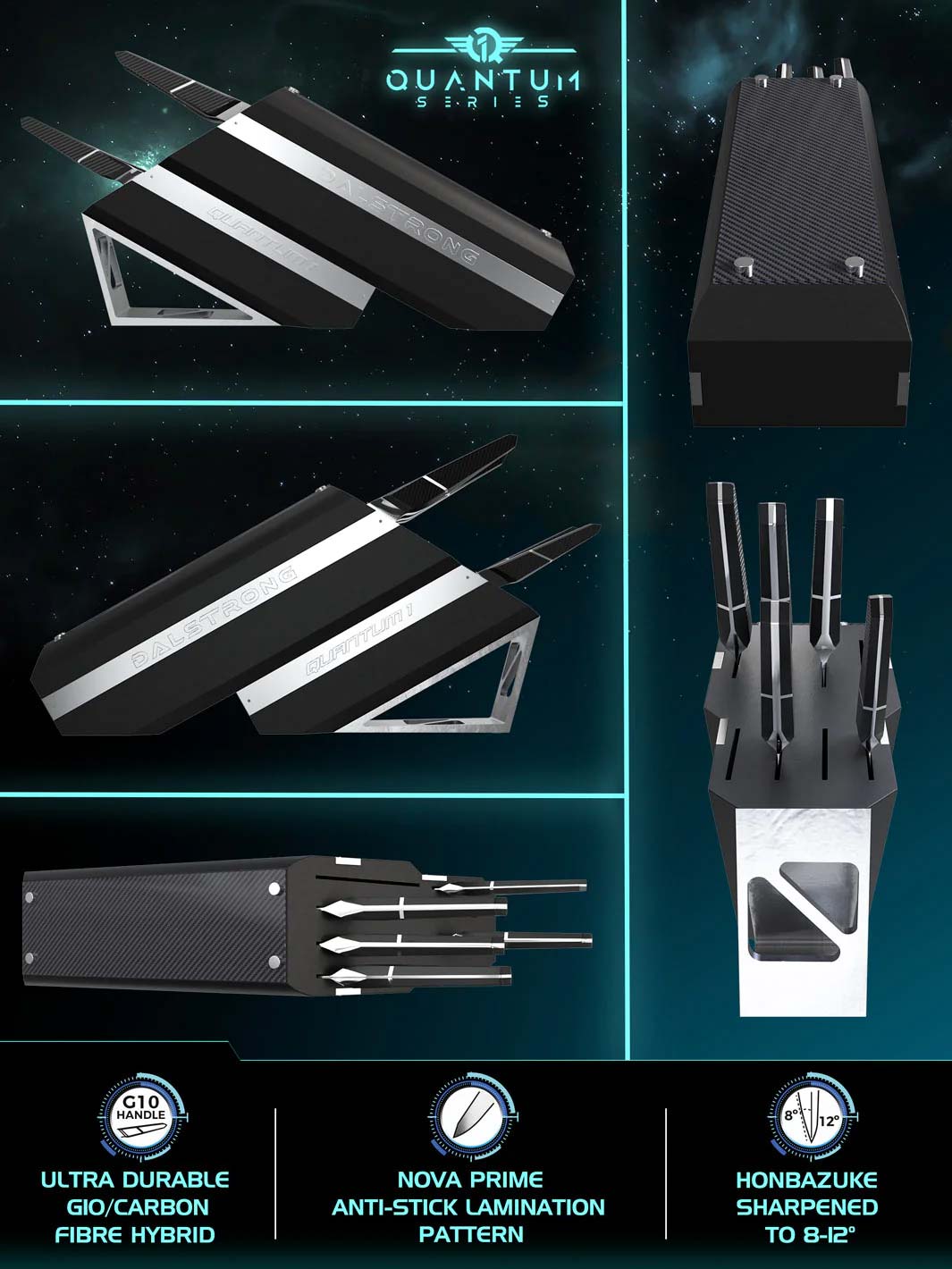Dalstrong quantum 1 series 5 piece knife block set in all angles.